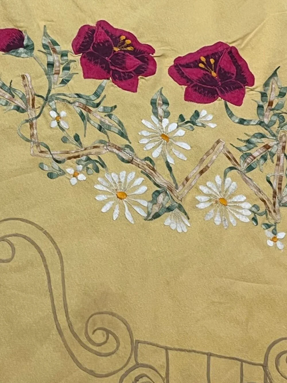 Vintage Yellow Embroidered Floral Tablecloth Rectangle 57